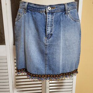 BUFFALO Ladies Denim Fringe Beaded Tribal Southwestern Jean Skirt